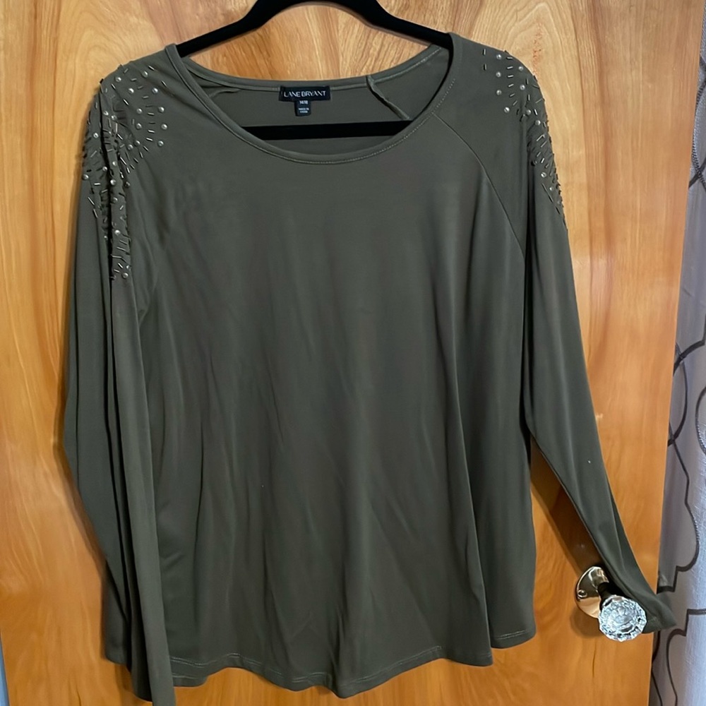 Green w/ beaded shoulders long sleeve shirt. Lane Bryant. Size 14/16.